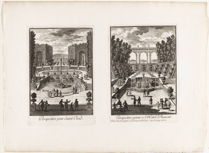 Perspective pour Saint Cloud (Perspective at St. Cloud) and Perspective peinte à l'Hotel d'Aumont (Perspective painted at the Hôtel d'Aumont), from Veues des Belles Maisons des Environs de Paris (Views of the Beautiful Houses near Paris)