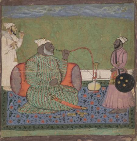 Man Smoking the Hookah with Two Attendants