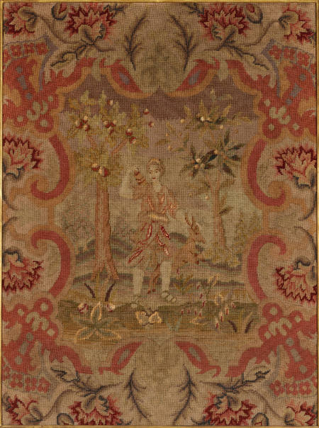 Pair of needlepoint tapestries: goddesses in a garden