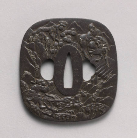 Tsuba depicting the story of Zhang Liang and Huang Shigong