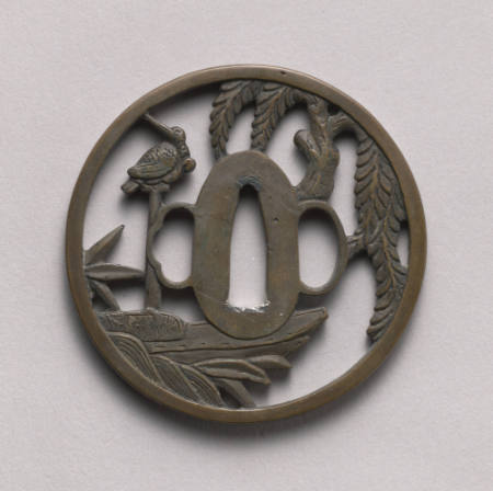 Openwork tsuba with design of kingfisher, boat and willow trees