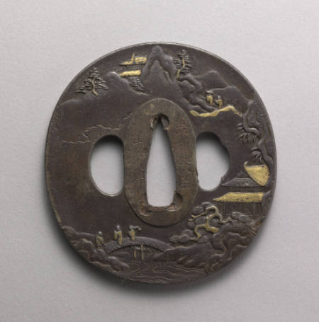 Tsuba depicting figures and temples in a chinese landscape