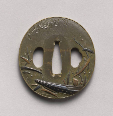 Tsuba with scene of boats and twigs