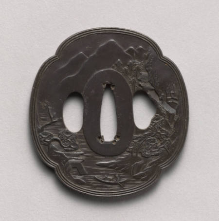 Four-Lobed tsuba with Chinese landscape