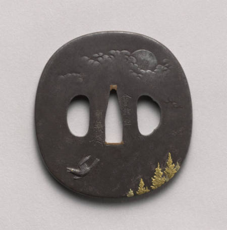 Tsuba with design of bird in flight and moon