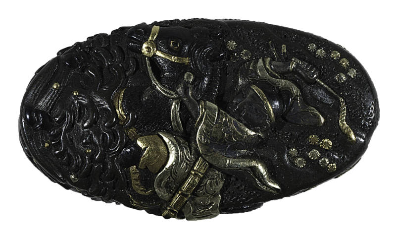 Fuchi-kashira depicting the crossing of the Ujigawa