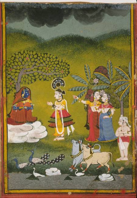 Krishna and Radha Exchange Clothes, page from a Sursagar manuscript