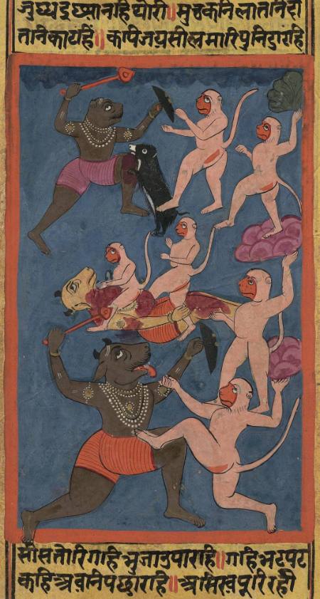 Rama’s Monkey and Bear Army Fights Ravana’s Demon Army, page from a Ramayana