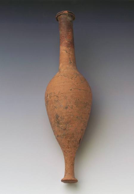 Vessel with long neck and pointed base. Traces of red and black glaze on neck and rim.