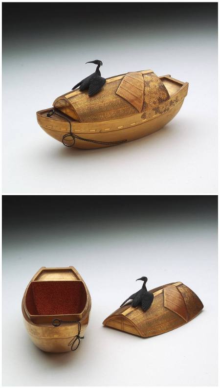 Small boat with thatched cabin and perching cormorant