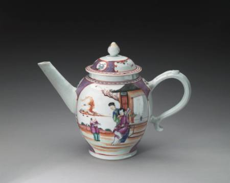 Covered teapot with scene of lady, maid and boy servant repeated on both sides of the pot