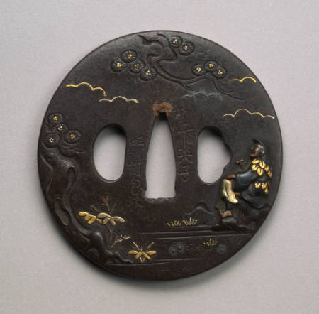 Tsuba with figure with hammer on stump