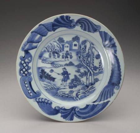 Plate with scene of men dipping water and carrying it off