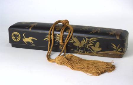 Scroll or letter box (fubako) w/ design of crane, tortoise, pine and bamboo