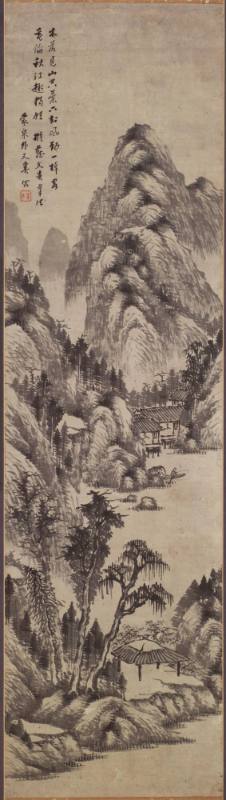 Mountain landscape with pavilion in foreground