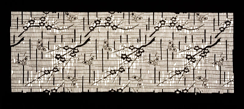 Katagami (textile stencil) with design of butterflies and plum branches in blossom