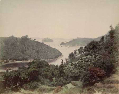 [Sailing vessels on an estuary, Takaboko, Nagasaki]
