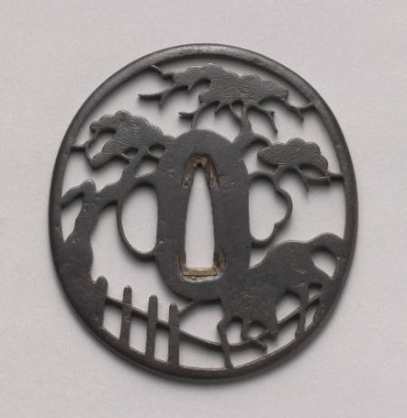 Tsuba with cut-out design of bull, fence, and tree