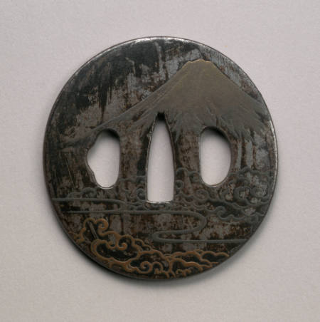 Tsuba with inlaid design of Mt. Fuji with clouds and waves