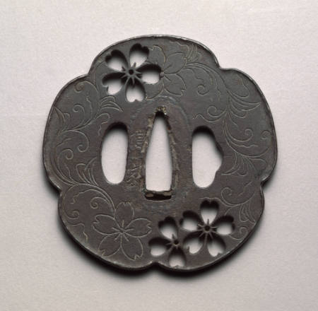 Five-lobed tsuba with pierced and engraved cherry blossoms