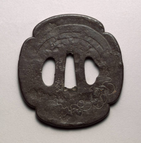 Four-lobed tsuba with relief design of bridge, flowers and vines