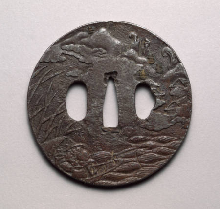 Tsuba with relief of man in boat on river; on reverse - waves, grasses and gilded birds