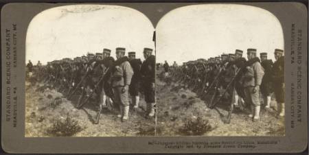 Japanese soldiers stacking arms behind the lines, Manchuria