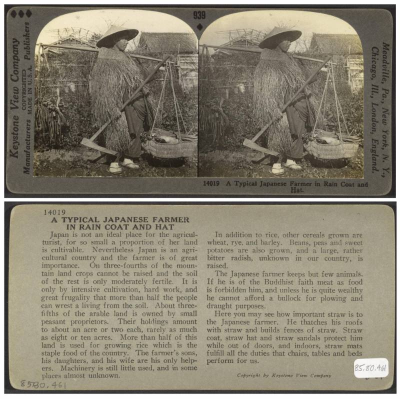A typical Japanese farmer in rain coat and hat