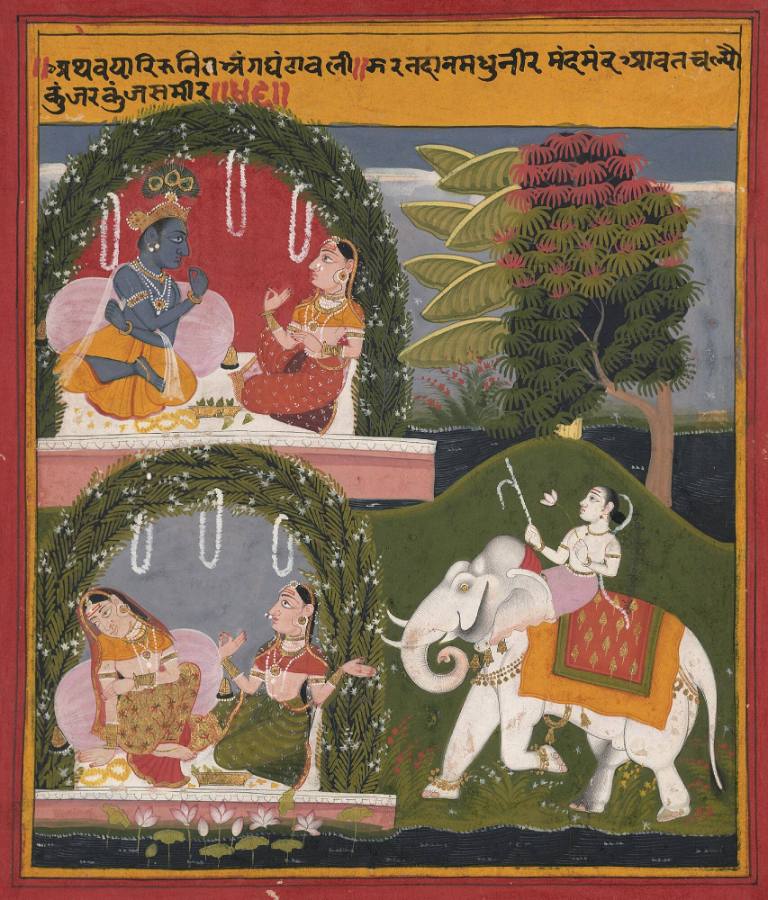 A lady Implores Krishna to go to Radha, illustration from a Satsai of Bihari series

