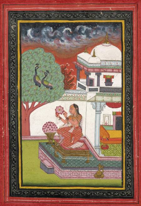 Malasri Ragini: A Woman Plucks the Petals of a Lotus Flower, Page from a Ragamala series