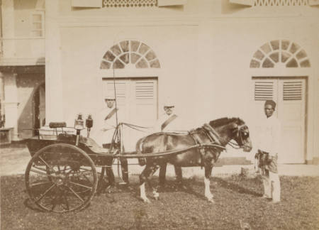 Middleton & Counsellor with pony trap outside mess house, Malacca