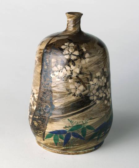 Bottle with design of pine, cherry and bamboo, Kiyomizu ware