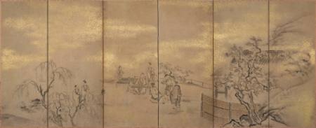 Sumi-e painting of a group of Chinese gathering for musical party