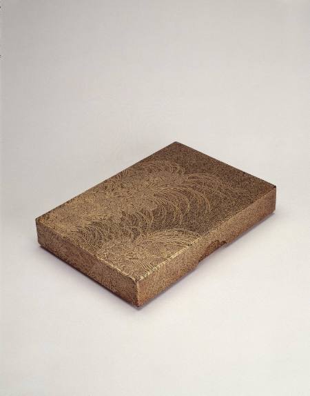 Suzuri-bako (writing box);  with ink stone, silver water dropper, ink stick and knife and gimlet with gold lacquer handle.  Design of autumn grasses on cover and side of box., 18th century