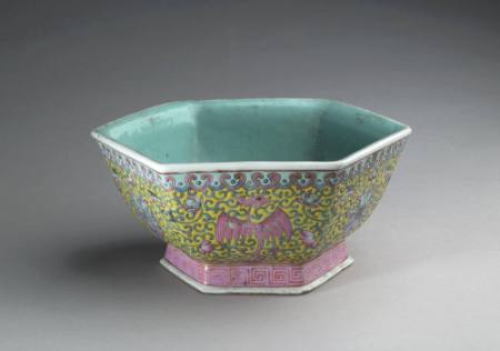 Hexagonal bowl of yellow and pink enamels