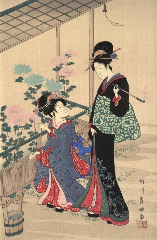 Beauties Looking Upon the Chrysanthemum