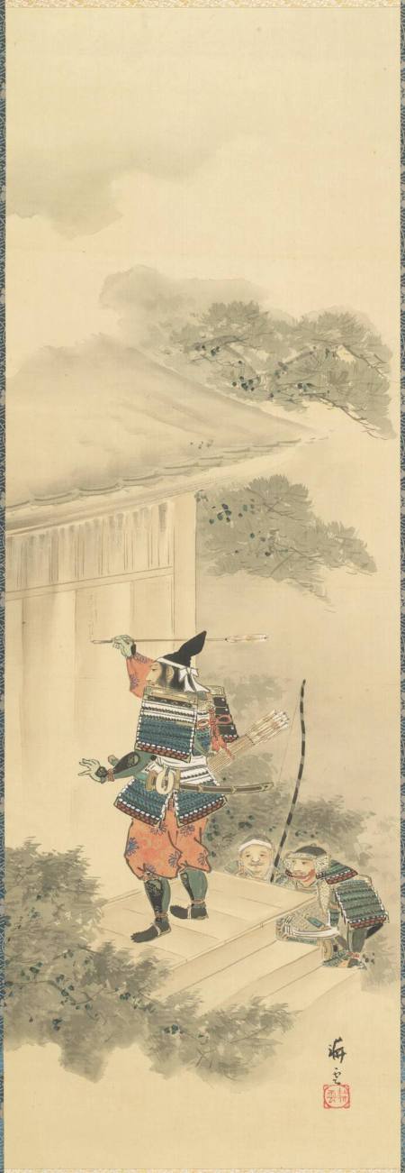 The warrior Masatsura uses an arrow to inscribe a poem