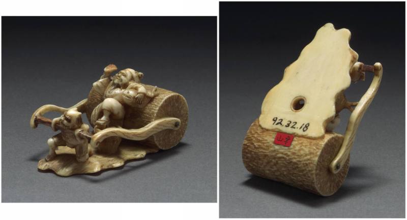 Netsuke of a fisherman and demon pulling a log roller