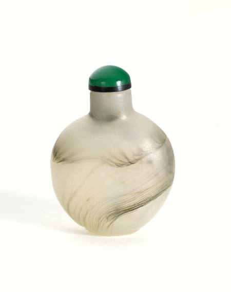 Flattened round cylindrical glass bottle imitating moss agate