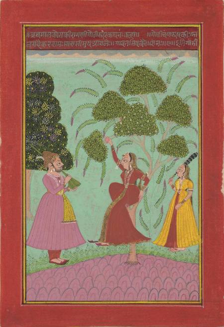 Saranga Ragini: A Man playing a musical instrument and a lady holding onto a tree. Page from a Ragamala series