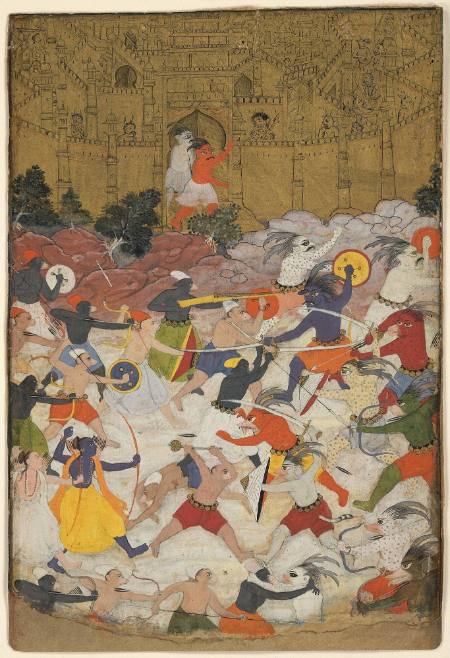 Page from a Ramayana: Rama's Army Attacks Ravana's Demon Army