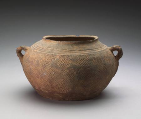 Squat jar with braided handles and impressed crosshatch pattern