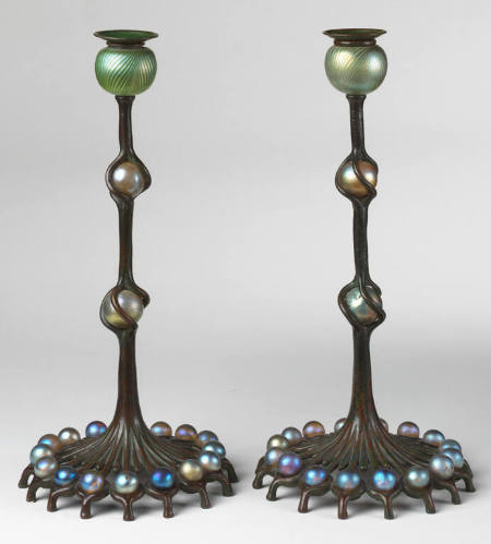 Pair of candlesticks with Favrile glass