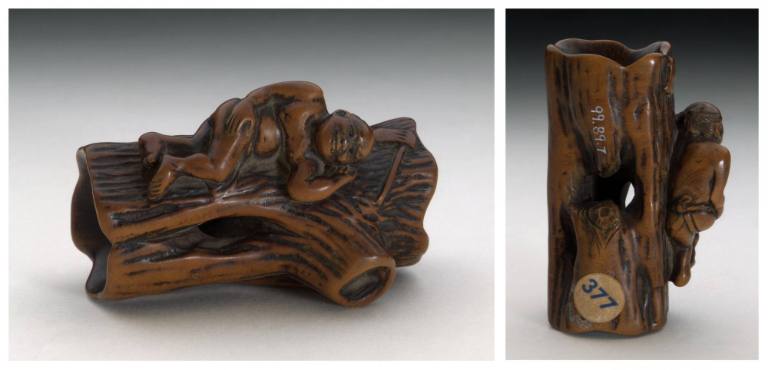 Netsuke of  a woodcutter resting on a log