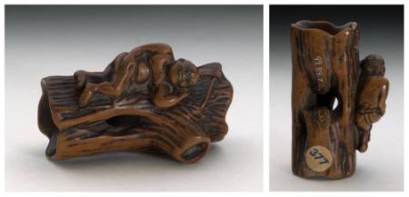 Netsuke of  a woodcutter resting on a log