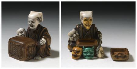 Netsuke of a mask maker with a basket of masks