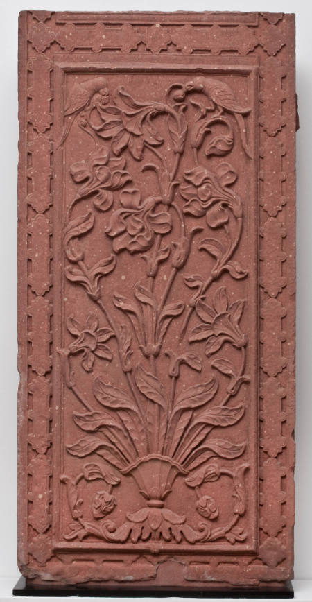 Panel with design of parrots, lilies and iris