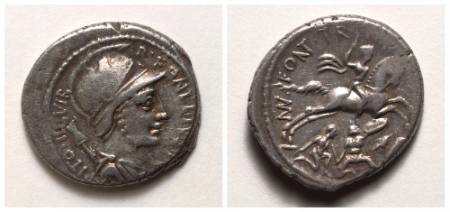 Roman Republic, moneyer P FONTEIUS P F CAPTIO III VIR, denarius (coin)