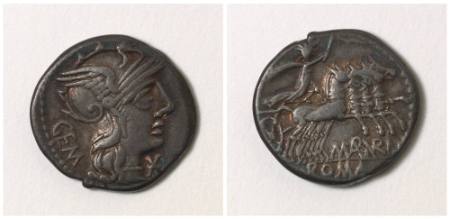 Roman Republic, moneyer M ABVRI (us) M F GEM (inus), denarius (coin)