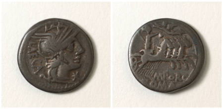 Roman Republic, moneyer L. (Porcius) LAECA, denarius (coin)